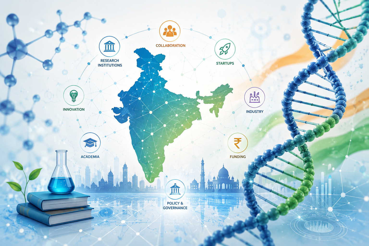 Abstract illustration representing India's research ecosystem growth with network nodes, molecular structures, and DNA helix motifs